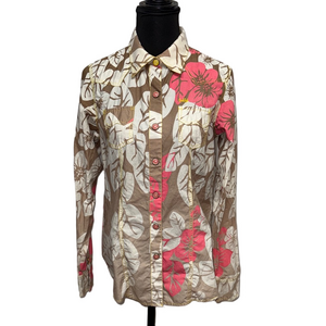 Cruel Girl Floral Button Front Shirt Brown Pink Size L